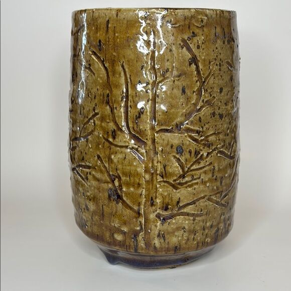 Rustic Brown Glazed Ceramic Vase with Tree Deco 7.5” tall 4.5” Opening - Picture 2 of 6
